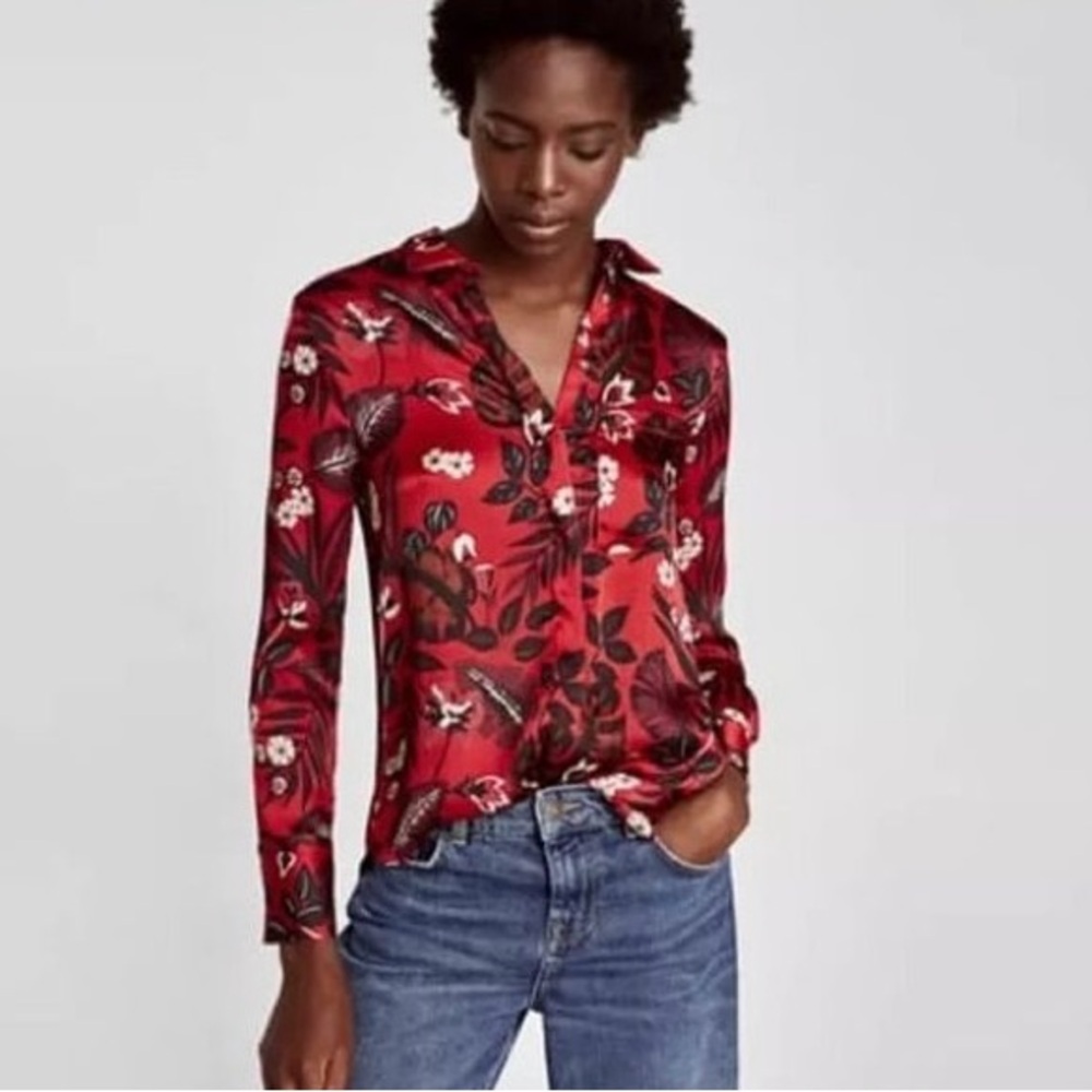 Floral Red Button-Up Blouse